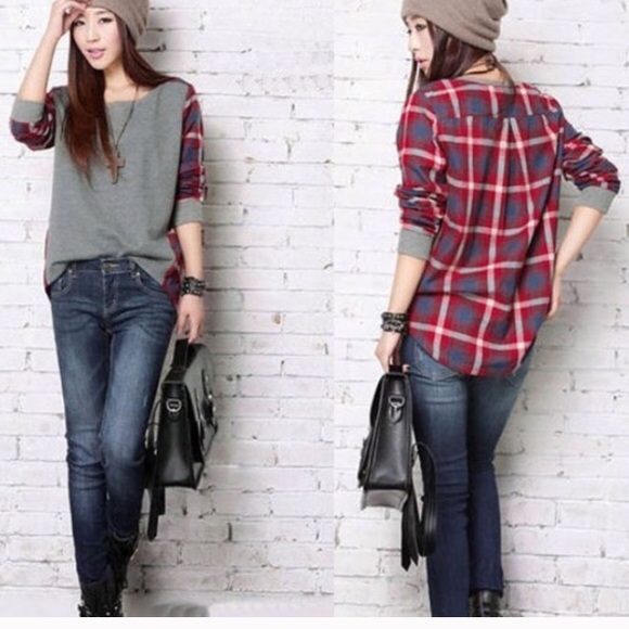 Tops - Red and Gray Flannel Back Long Sleeve Top.